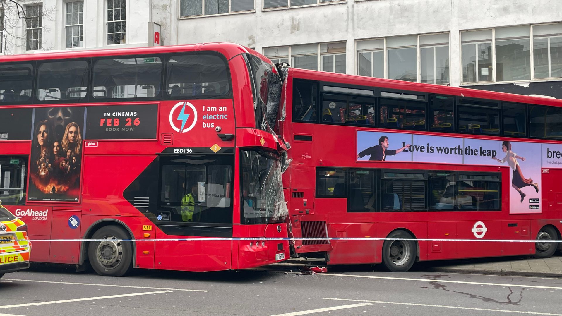 Six taken to hospital after two double-decker buses crash