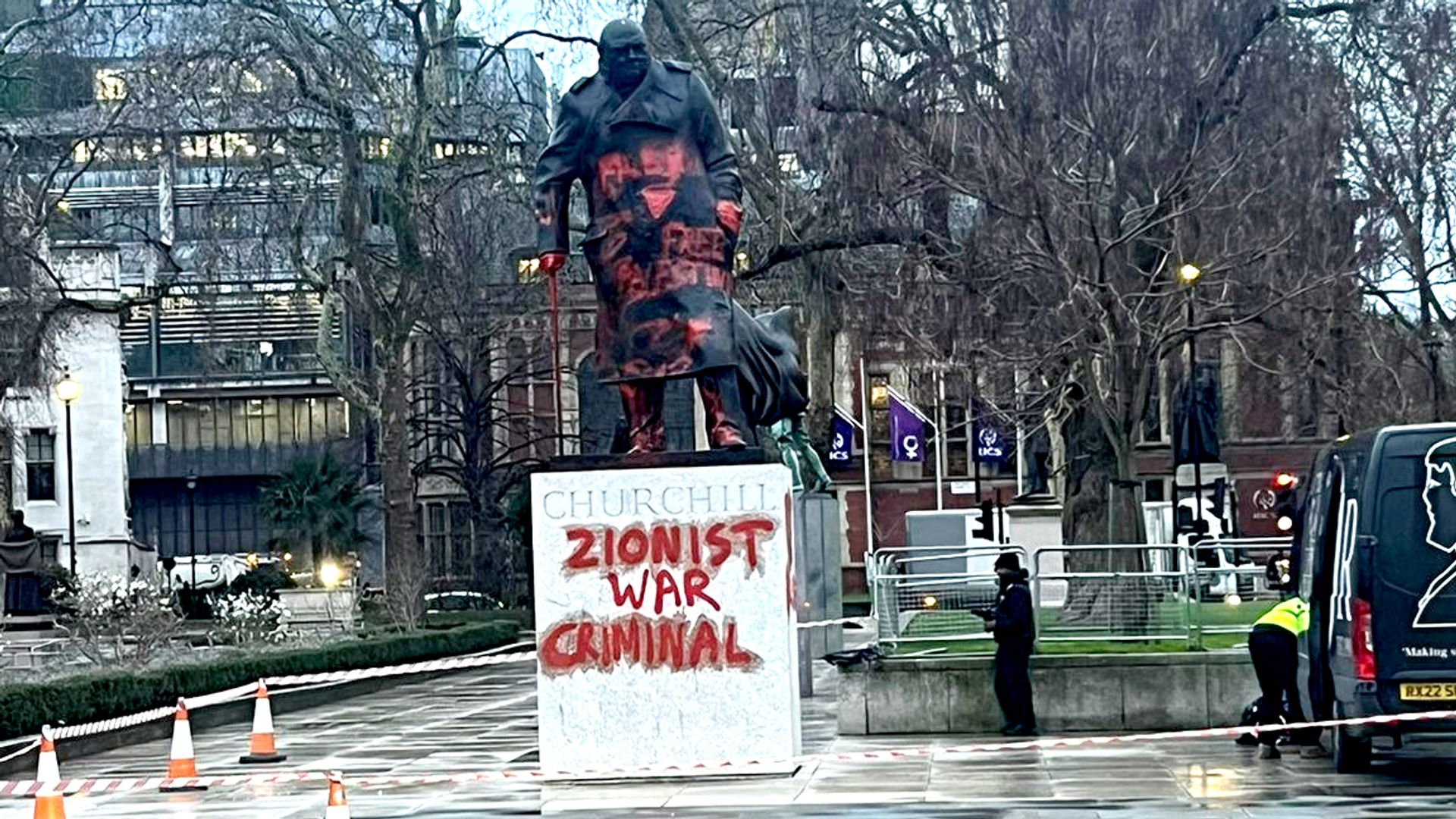 Man arrested after 'completely abhorrent' vandalism of Churchill statue