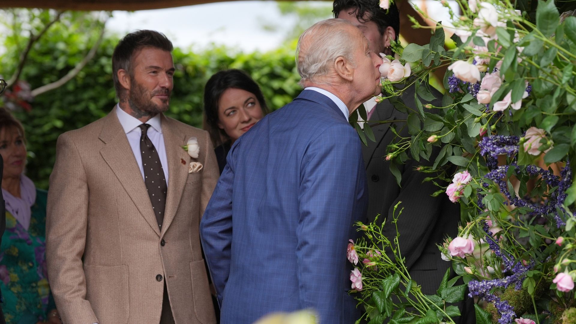 All smiles as King and Queen meet Sir David Beckham at Chelsea Flower Show