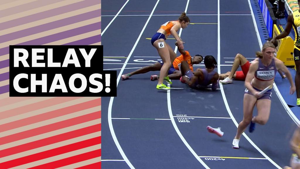 Watch: Shoes fly and athletes collide in mixed relay