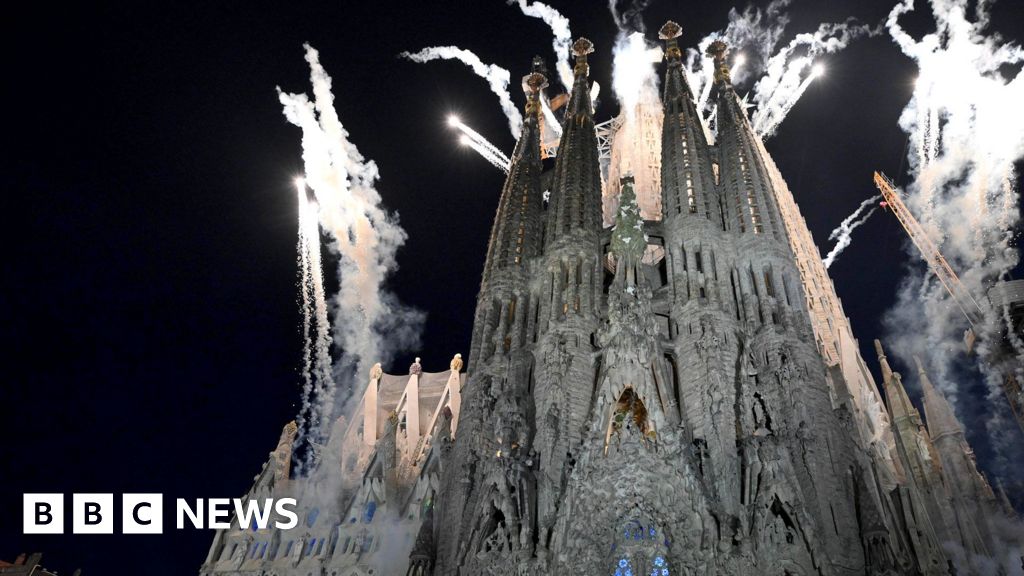 Fireworks illuminate Barcelona's Sagrada Família during Pope visit